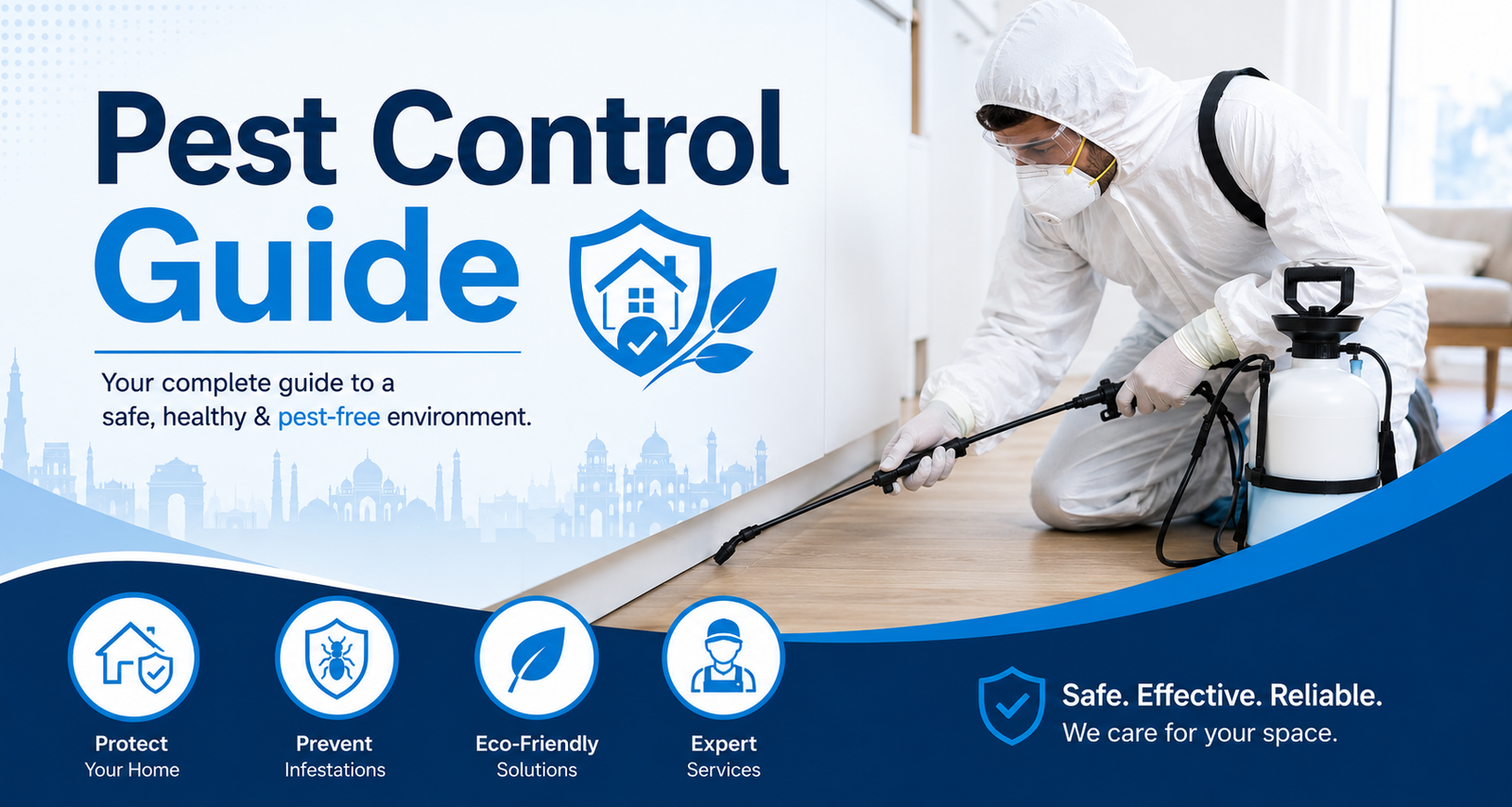 Pest control technician in protective gear spraying inside a home, featured on a blue and white Pest Control Guide banner.